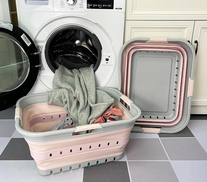 SAMMART 42 (11 Gallons) Collapsible Plastic Laundry Basket, Foldable Pop Up Storage Container/Organizer, Space Saving Hamper, Portable Bin for Dorm Room Bathroom (2, Grey/Pink) - Image 2