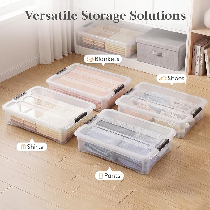 Lifewit 44Qt Storage Bins with Lids, Plastic Large Latches Boxes with Wheels, Clear Totes Tubs Container for Closet Organizers and Storage, Bedroom, Clothes, Craft, 4 Pcs - Image 7