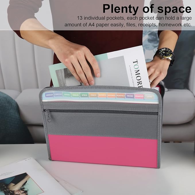 NAFY Expanding File Folders, 2Pack 13 Pockets Document Organizer with Zipper, A4 Letter Size Portable Accordion Expanding File Folders with Multicolor Labels for Office School Supplies (Black+Pink) - Image 2