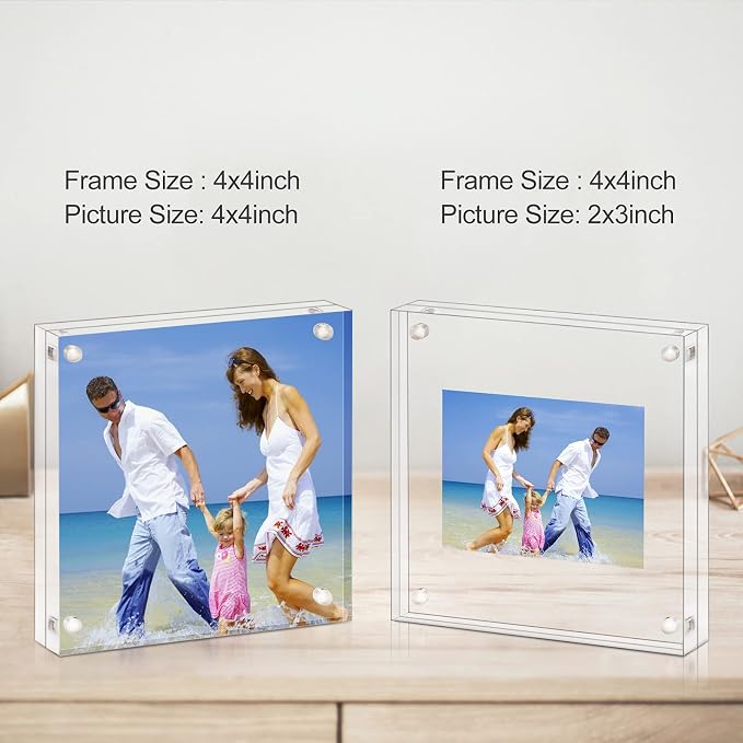 AMEITECH 4x4 Inch Acrylic Picture Frame, Clear Double Sided Block Acrylic Photo Frames, Desktop Frameless Magnetic Photo Frames | Double Sided Floating Magnetic Frames, 20mm Thick, Free Standing Desktop Display for Postcards, Pictures and Artworks - Image 4