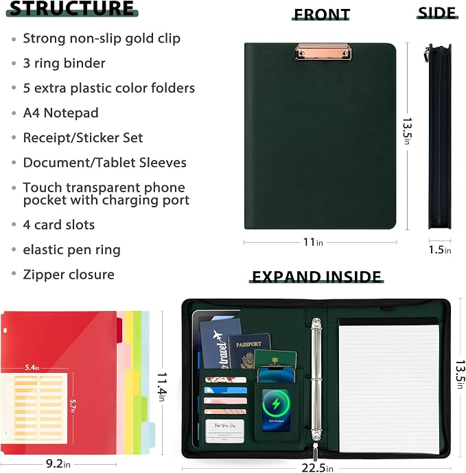Ospelelf Leather Clipboard with Storage, Zippered Padfolio Portfolio Organizer, 3 Ring Binder 1 Inch, Notepad, Tablet Sleeve, 5 Dividers with Pocket for Office, Nurses,Students, Teachers Green - Image 2