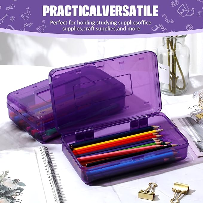 Fainne 24 Pack Clear Plastic Pencil Box,Purple | Stackable Organizer for School Supplies, Large Case for Crayons Markers, Snap-lid Keeps Stationery Secure, Bulk Set - Image 3