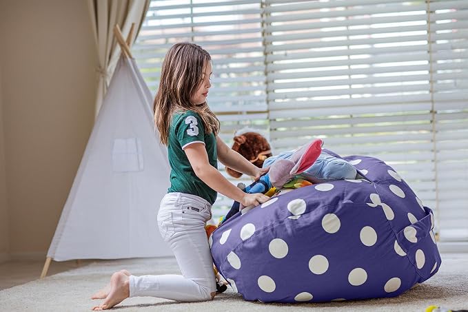 WEKAPO Stuffed Animal Storage Bean Bag Chair Cover for Kids | Stuffable Zipper Beanbag for Organizing Children Plush Toys Large Premium Cotton Canvas (Navy Dot, X-Large) - Image 7