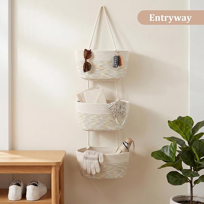 TeoKJ Over the Door Hanging Basket, 3-Tier Woven Cotton Wall-Mounted Storage Organizer Bag Decorative Hanging Nursery Baskets, White & Rainbow Stitching - Image 6