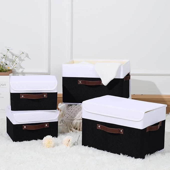 ANMINY Fabric Storage Box Bins with Lids, Black White, 13"x9"x7.9", 2 Pack | Keepsake Memory Storage, Cotton Linen, PP Board Reinforced, Washable, PU Handles, Foldable & Stackable, Decorative, Medium - Image 2