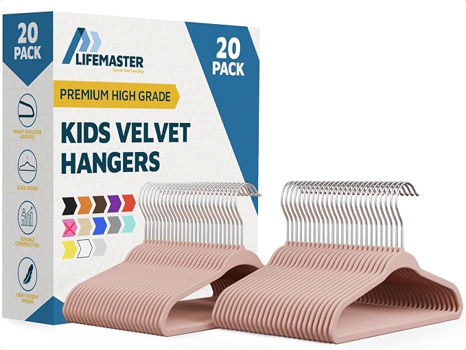 Pink Velvet Kids Hangers 20 Pack, 10.83" Non-Slip Baby & Toddler Hangers for Clothes, Space-Saving Slim ABS Plastic with 360° Swivel Hook & Notched Shoulders, Up to 10 lb Capacity by LIFEMASTER