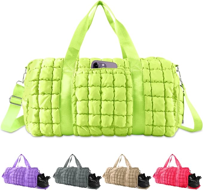 Quilted Travel Duffle Bag Gym Bag for Women,Large Puffer Duffle Weekender Bag with Compartment,Workout Overnight Carry on Organizer Bag Duffle Bag for Airplane Travel(Green) by XSUIOY