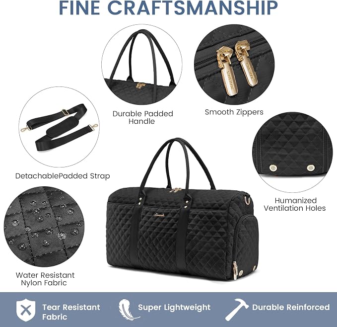 LOVEVOOK Travel Duffle Bag, Weekender Bags for Women with Shoe Compartment, Quilted Carry on Overnight Bag with Toiletry Bag, Hospital Bags for Labor and Delivery, Gym Duffel Bag with Wet Pocket Black - Image 4