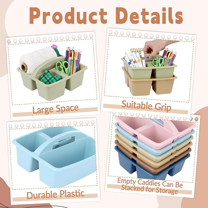 gisgfim 6 Pack Classroom Caddy with Handle Plastic Storage Caddy Organizer with 3 Compartments Desk Caddies Holder Portable Storage Bin for Pencil, Crayon, Marker, Home, Office, School Supply(Retro) - Image 3