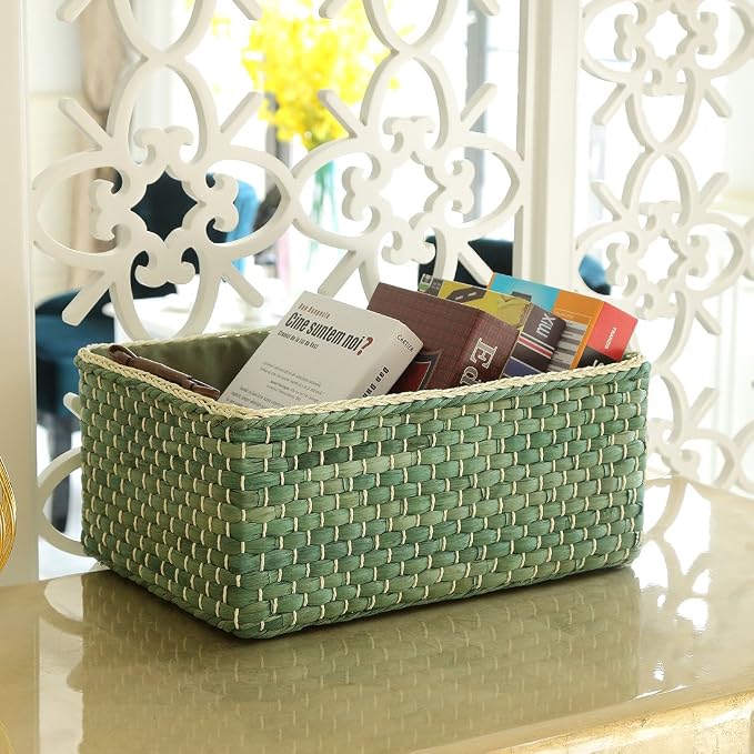 Basket Woven Maize Storage Bins for Drawers, Kingwillow(Green,Large) | cute rustic look, for countertop, bathroom, cabinet, organize towels, gifts, household sundries - Image 3
