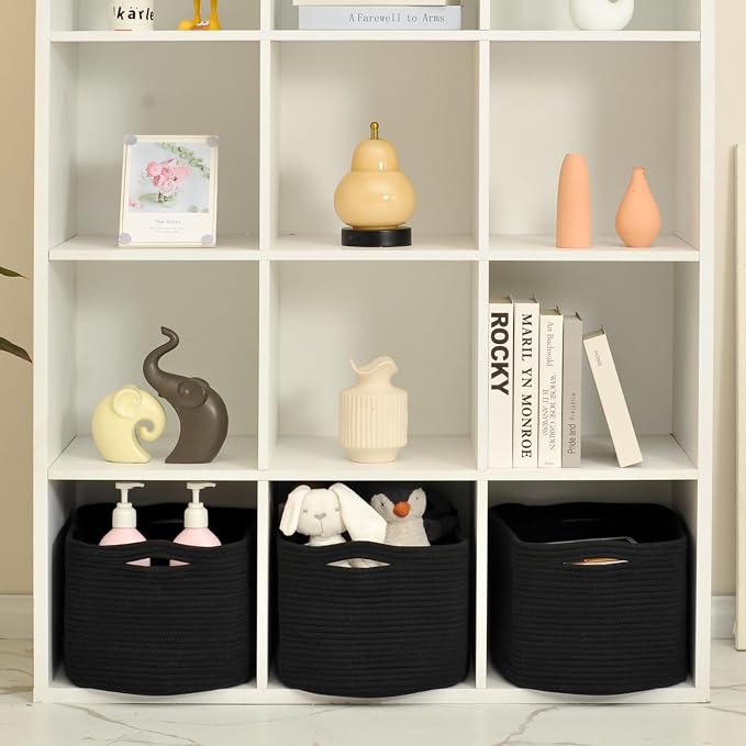 ICERZCZ Large Storage Baskets for Organizing Shelves, Woven Cotton Rope Bins for Baby Nursery Organization, Book Toy Towel Organizer, 17"x13"x9.5", 3 Packs, Black - Image 5