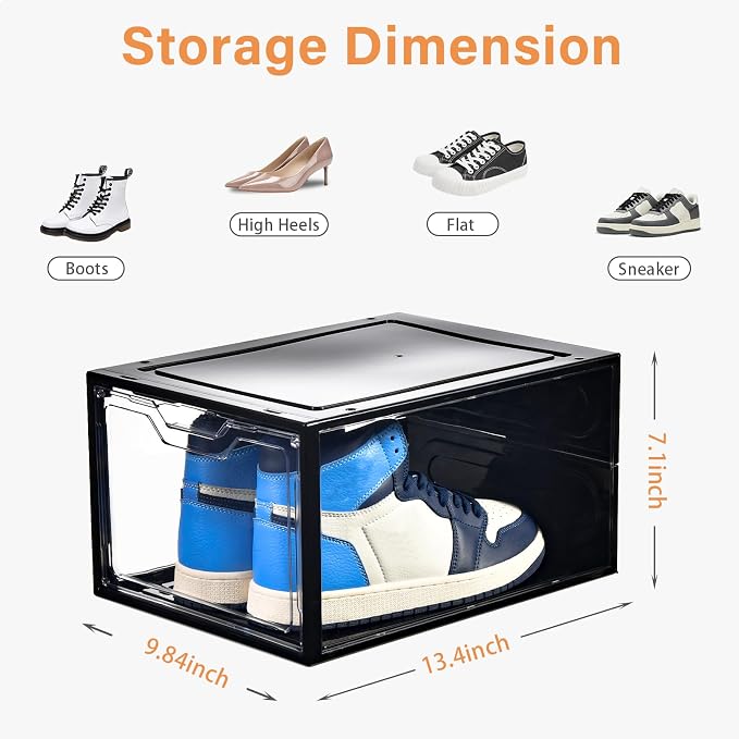 Stebopum 12 Pack Stackable Shoe Storage Organizer with Magnetic Door, Shoe Boxes Clear Black Plastic for Closet, Shoe Rack for Sneaker Boot Container, Shoe Cabinet Fit up to US Size 12 - Image 2