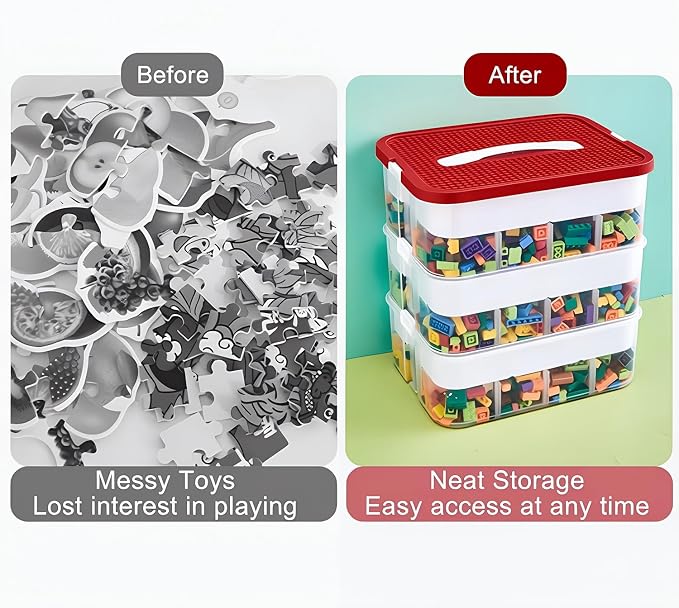 Toys Organizer Storage Case for Lego Box Kids Toy Stackable Building Blocks with Lids Bins Adjustable Lego Storage Containers Plastic Toy Box Red 2 Layers - Image 5