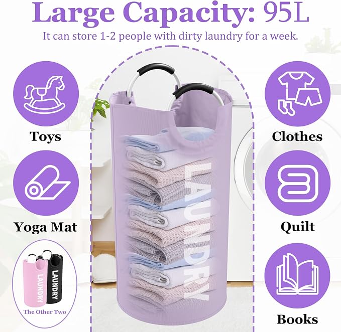3Pack Folding Clothes Hamper with Handles, 95L Tall Laundry Basket Organizer, Durable Laundry Bags, Large Dirty Clothes Hamper for Family, Travelling, Camping, Purple + Pink + Black | IHOMAGIC Foldable Dirty Clothes Hamper, Laundry Bag, Portable Storag... - Image 2