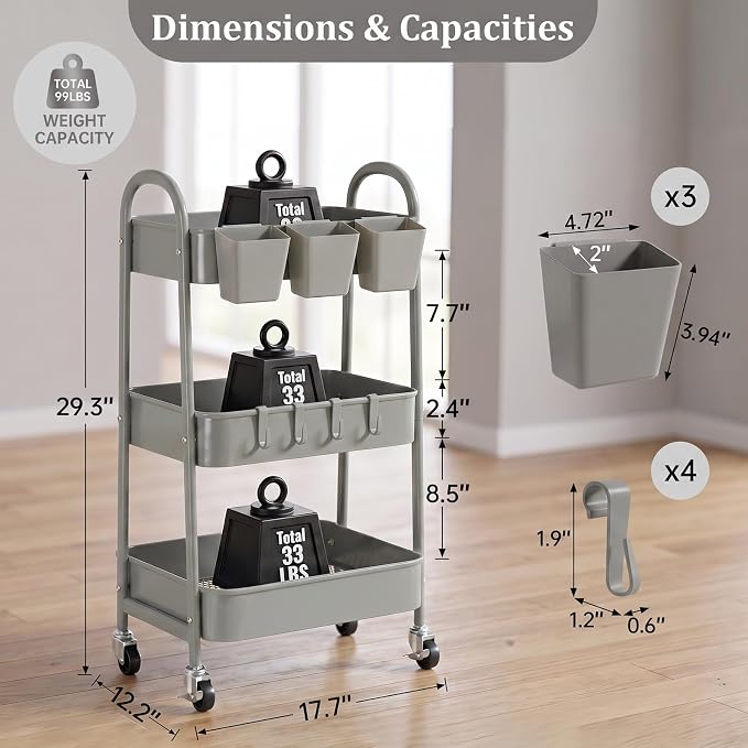 danpinera 3-Tier Rolling Cart, Metal Rolling Storage Cart with Lockable Wheels & Hanging Cups & Hooks, Mobile Trolley Cart for Kitchen, Bathroom, Office, Workshop, Gray - Image 2