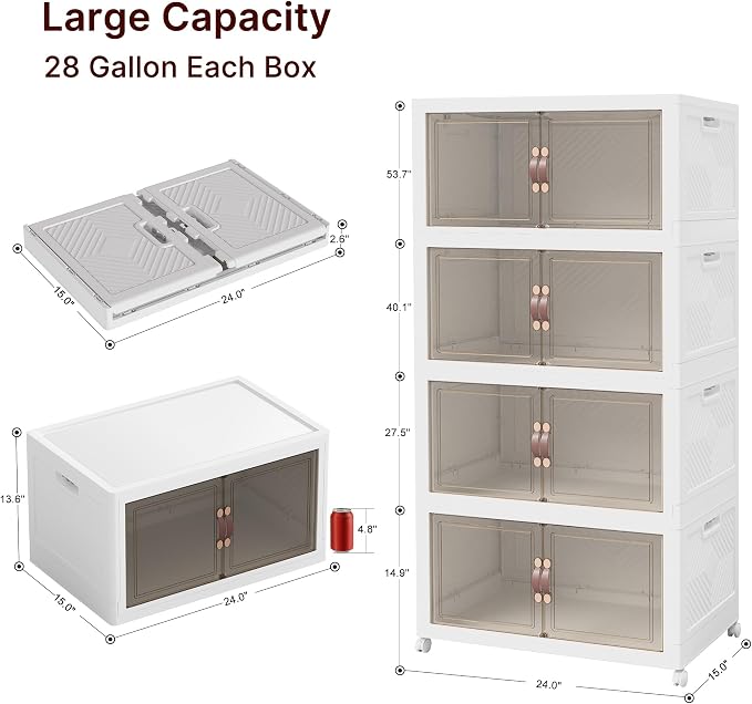 Stackable Storage Bins with Lids, 440QT Lockable Storage Cabinet | Closet Organizers, Foldable Storage Box with Doors and Wheels, Plastic Drawers for Home, Garage, Office (4, White, Plus) - Image 6