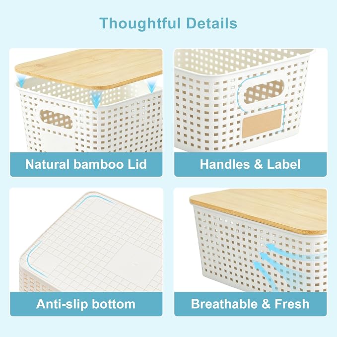 Small Plastic Storage Bins with Bamboo Lids 5.2qt Stackable Box Basket Pantry Decorative Containers Cute with Labels for Organizing Desktop Closet Office Cream White of 6 packs 10*7.2*4.1" - Image 8