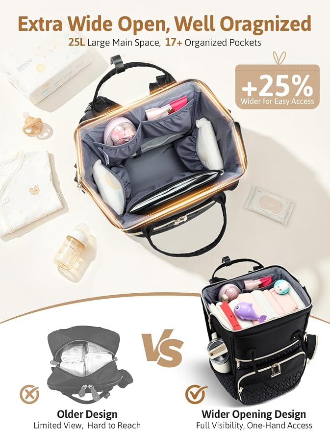 Lekesky Quilted Diaper Bag Backpack, Wide Opening Large Baby Bag for Mom | Black Travel Baby Diaper Backpack with Changing Pad, Insulated Pockets, Pacifier Case - Image 3