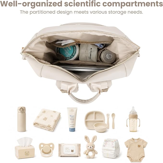 Large Capacity Diaper Bag Backpack with Changing Pad, Waterproof Baby Travel Backpack for Parents-Beige - Image 4