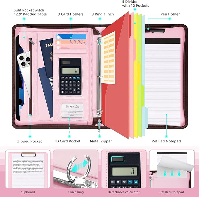 Ospelelf Pink Leather Portfolio Binder 3 Ring, Zippered Clipboard Folder with Storage - 5 Dividers with Pocket, Padfolio for Women,12.1” Tablet Sleeve, Refillable Notepad, Card Slot - Image 3