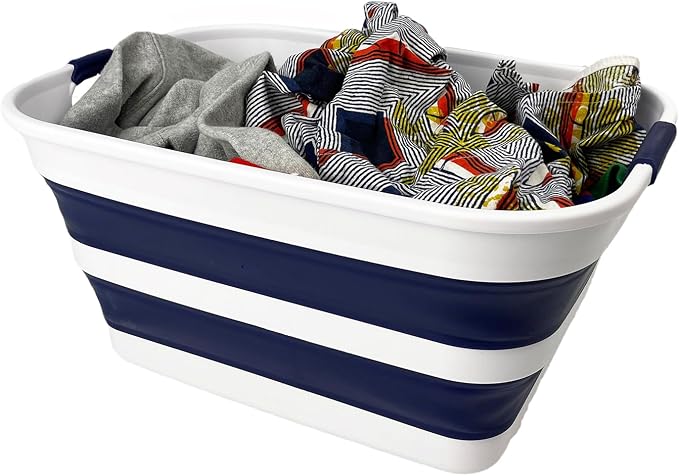 SAMMART Collapsible Plastic Laundry Basket with Handle/Foldable Pop Up Storage Hamper/Portable Laundry Organizer-Space Saving Washing Tub/Household Storage (White/Starry Blue, 27L) by SAMMART