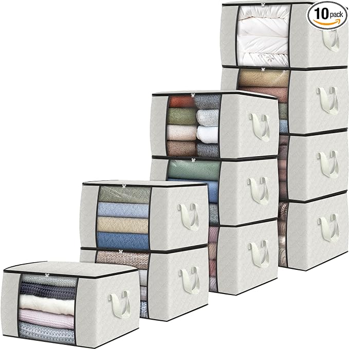 10 Pack Storage Bags for Clothes Blanket Storage Bins with Lids | Foldable Closet Organizers with Zippers,Window and Handles,Fabric Storage Bins for Sweater,Comforter,Bedding,Dorm essentials by Fabtotes