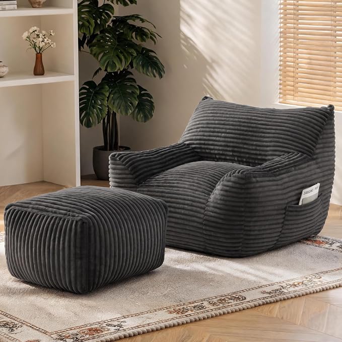 Oversized Bean Bag Chair with Ottoman, Bean Bag Couch with 2 Side Pockets, Corduroy Boneless Couch Chair in a Box, Comfy Lounge Chair for Living Room, Bedroom, Dorm, Gray by Nivayor