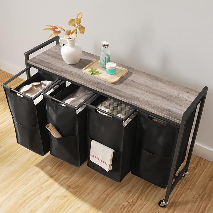 HOOBRO Laundry Sorter 4 Sections, Laundry Hamper with Wheels, 4 × 10.5 Gal (39.8L), Rolling Laundry Basket, Pull-Out and Removable Oxford Fabric Bags, Greige and Black BG04XY01 - Image 4