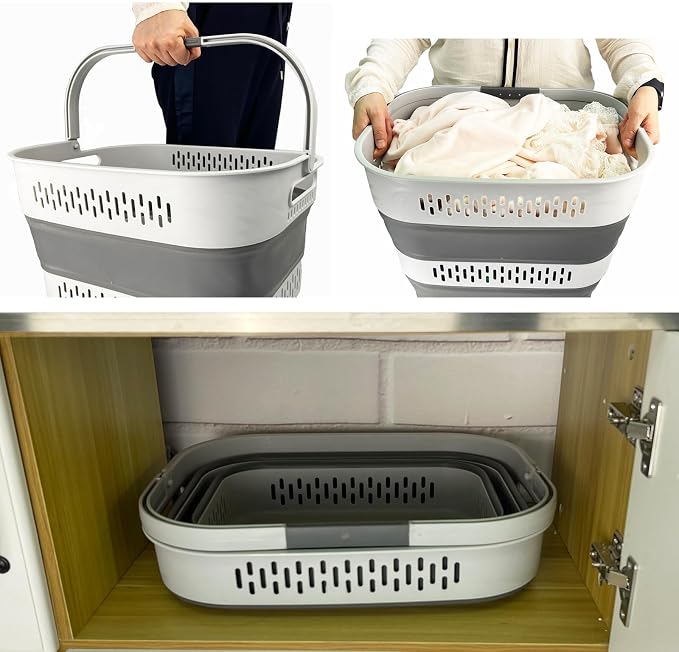 SAMMART 40L (10.5 Gallon) Collapsible Plastic Laundry Basket with Handles - Foldable Pop Up Storage Container/Organizer - Portable Laundry Hamper - Space Saving (2, Grey) - Image 6