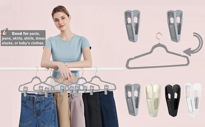 TOFIIGREM Hanger Clips Perfect for Velvet Hangers (Grey, 20 PCS), Strong Plastic Clips Pant Skirt Hanger Clips for Grey Flocking Felt Hangers - Image 6