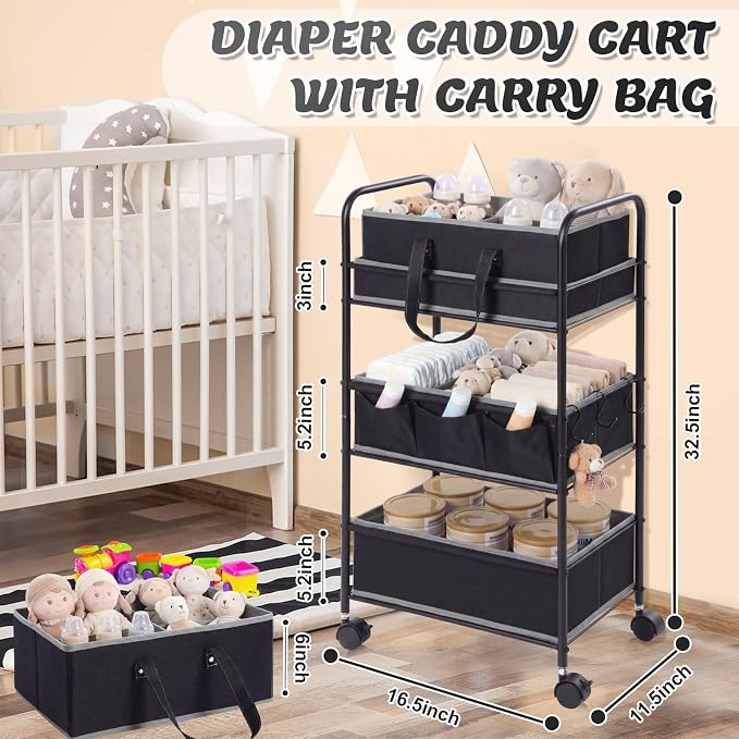Honeydak 2in1 Baby Diaper Caddy Organizer Cart 3 Tier Large Capacity Metal Utility Bedside Rolling Cart with Divider Newborn Registry Nursery Essential Must Have Crib Bedroom Baby Shower(Black) - Image 2
