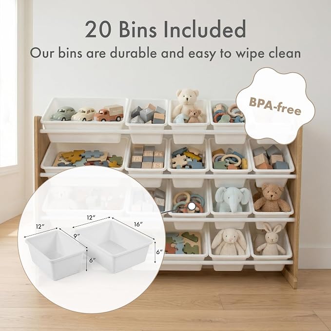 Humble Crew Kids Toy Organizer with 20 Bins, 4 Tier Storage for Playroom | Sturdy wood and steel toddler shelf, removable BPA-free containers, wall anchor anti-tip safety kit for bedroom or classroom - Image 3