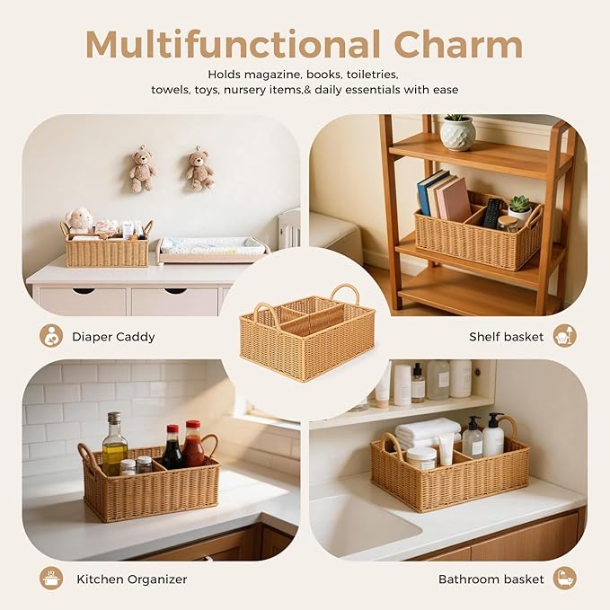 Rattan Diaper Caddy Organizer Changing Table Organizer | Hand Woven Nursery Basket for Baby Essentials, Baby Shower Gifts, Versatile Shelf Basket Bathroom/Kitchen Organizer - Image 6