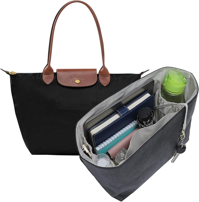 Purse Organizer Insert for Longchamp Le Pliage Large, Black Beige | 6-Compartment Bag Organizer with YKK Zipper Pocket, Cup Holder, Key Chain, Waterproof DupontPaper Lightweight Handbag Shaper by Doxo