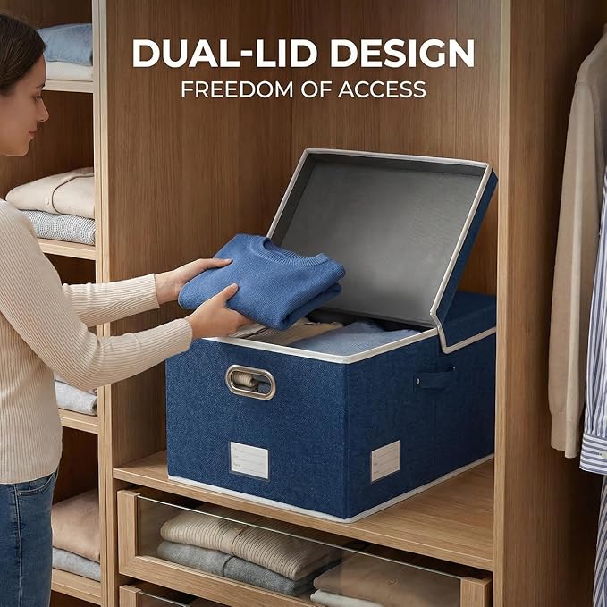 Storage Bins with Lids [3-Pack] Linen Fabric Foldable Storage Boxes Organizer Containers Baskets Cube with Cover for Bedroom Closet Office Royal Blue(23.4X15.9X11.4) - Image 4
