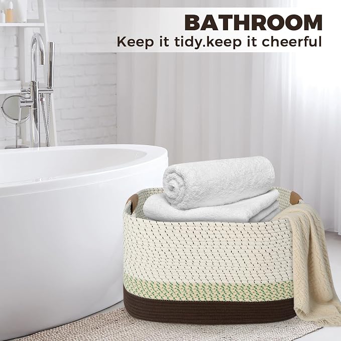 108L Large Basket for Living Room, Nursery & Laundry, Kids Toy Basket Storage with Leather Handle, 25’’*16’’*16’’ White & Mottled Green - Image 6