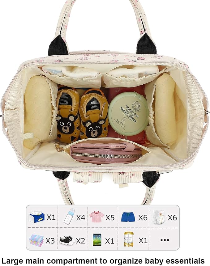 Corduroy Diaper Bag Backpack for Baby Girls Boys, Women Large Nappy Bags for Mom (Beige Corduroy Flowers Pink) - Image 5