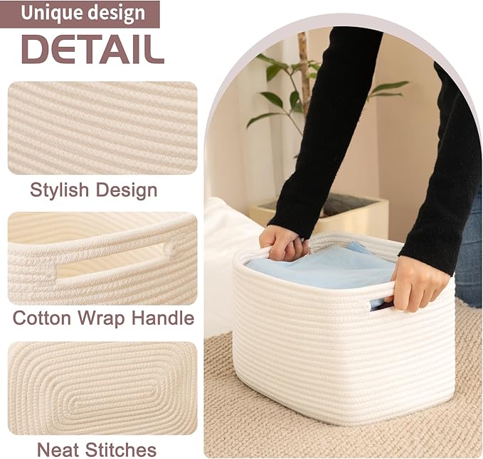 OIAHOMY 4 Pack Storage Baskets for Organizing 15L Cube Storage Bins White | Woven Baskets for Storage Rectangle Small Baskets With Handles Baskets for Shelves Wicker Baskets for Shelves 12.7x9x7.8inch - Image 2