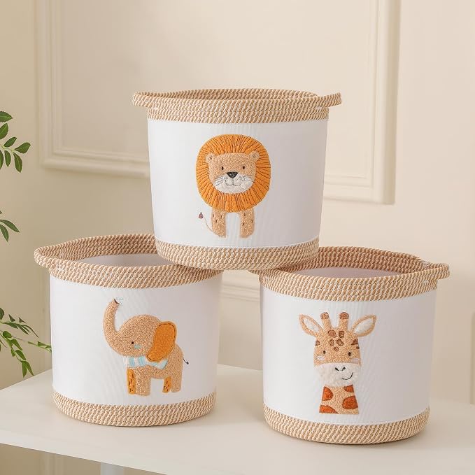 3-Piece Woven Baby Toy Baskets Laundry Hampers, Foldable Nursery Organizer for Toys Clothes Stuffed Animals, Roomy Sturdy Hampers for Baby Gift Nursery Decor Baskets Lion/Giraffe/Elephant Design - Image 7