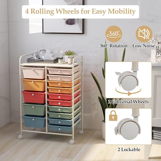 DREAMADE Rolling Cart with 15 Drawers, Rolling Drawer Organizer Cart w/Lockable Wheels, Removable & 2-Sized Storage Drawers, Art Cart for School Home Art Supplies Crafts File Scrapbook - Image 4