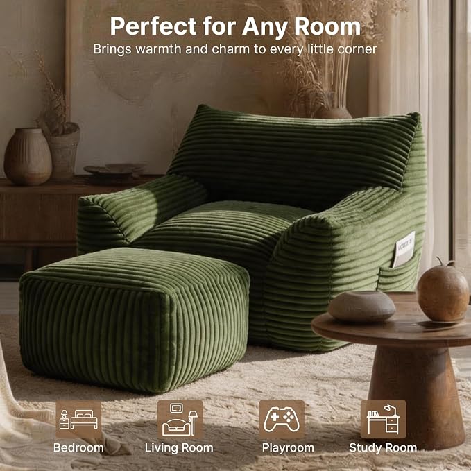 Oversized Bean Bag Chair with Ottoman, Bean Bag Couch with 2 Side Pockets, Corduroy Boneless Couch Chair in a Box, Comfy Lounge Chair for Living Room, Bedroom, Dorm, Green - Image 7