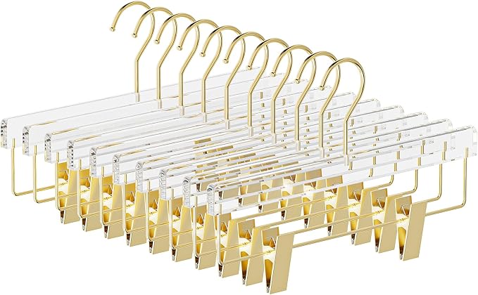 Gold Acrylic Pants Hangers 10 Pack with Adjustable Clips | Non-Slip & Heavy Duty Hangers for Pants, Skirts, Jeans, Trousers, Scarves, Adults & Kids, Clothing Closet Storage by UEAKPIC
