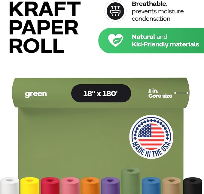 Green Kraft Paper Roll 18" x 2160" (180 feet) - USA-Made Craft Paper for School, Gift Wrapping, Moving & Packing - High-Density Kraft Material for Art by IDL Packaging - Image 2