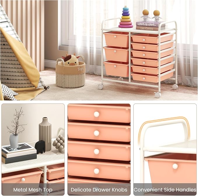 RELAX4LIFE 9 Drawer Rolling Storage Cart - Mobile Drawer Carts for Craft Art Supply Paper Salon, Utility Cart on Wheels for Classroom Teacher School Office, Rolling Cart with Drawers (Pink) - Image 6