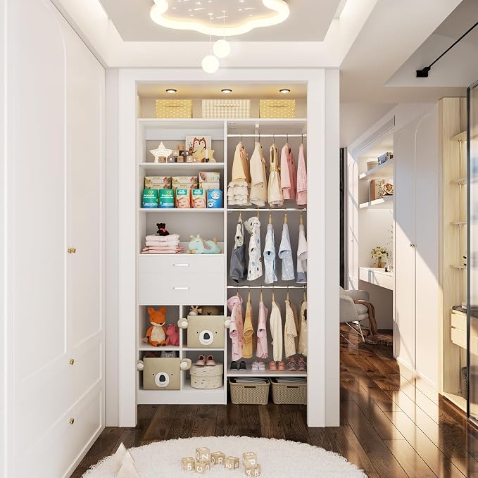 5FT Closet Organizer System with Wooden Drawers, 60 Inches Walk In Closet System With 5 Hanging Rods, Can Fit 1.58 to 6.8 FT with Reversible Hanging Shelving, White - Image 5