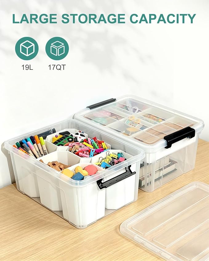 EOENVIVS Clear Storage Bins with 6 Tall Inserts, Stackable craft organizers and storage Box, Plastic Storage Totes with Lids and Handles for Crafts, Jewelry & Sewing, Art Supplies, Markers, Pens - Image 6