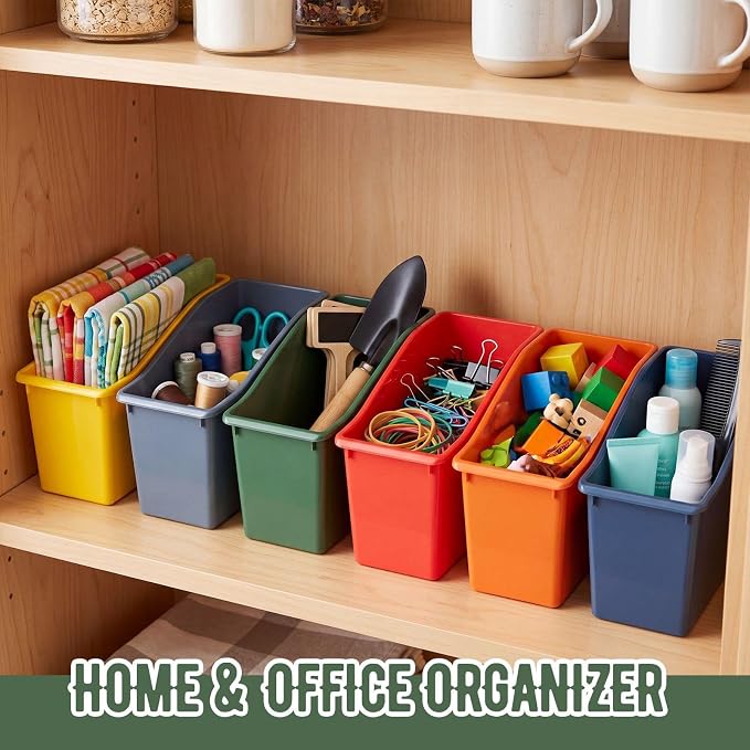 Geetery 12 Pcs Book Bin for Classroom with Labels Stackable Plastic Organizing Bins 11.5 x 5.4 x 7.5 in Book Holders Storage Bins Box Baskets for Classroom Library Home (Earth Tones) - Image 4