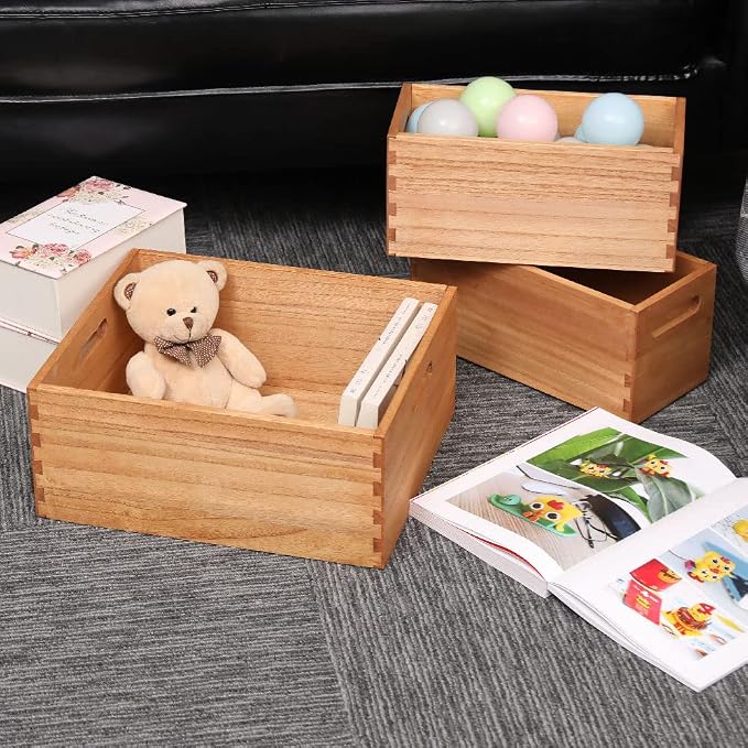 DDYURI Wooden Baskets for Clothes Storage and Shelf Organizing -Natural Wood Decorative Storage Boxes with Handles for Office Bookshelf and Closet- Cabinets Cube Bins Organizer Light (3TH-LT) - Image 2