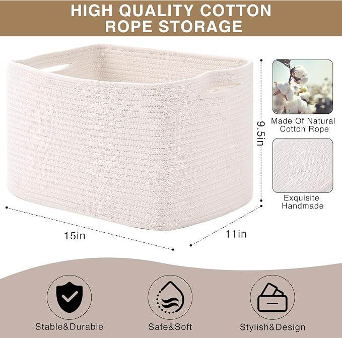 ICERZCZ Storage Baskets for Organizing Shelves 15x11x9.5 Off White 3 Packs | Woven Cotton Rope Bins for Baby Nursery Organization, Book Toy Towel Organizer, Living Room, Bedroom, Bathroom, Kid's Room - Image 3