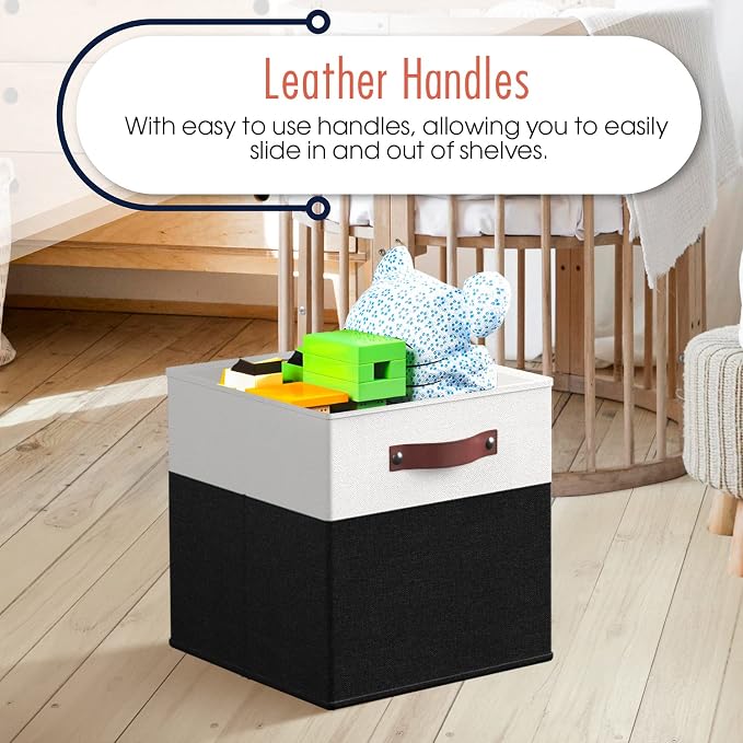 Ornavo Home 13x13 Foldable Fabric Storage Cube Bins, 6 Pack, White/Black | Collapsible Linen Shelf Basket Organizer; Leather Handles; Ideal Cube Storage For Closet - Image 5